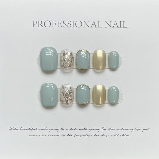Nails 056-Fresh Creamy Green Mirror Champagne Pop Glitter Nail Art