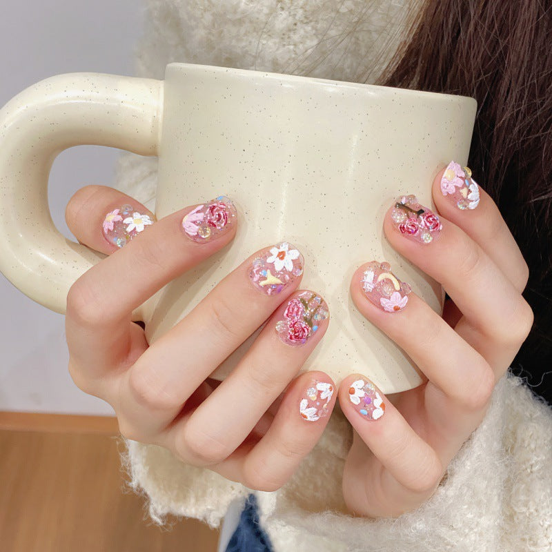 Nails 330-Ice Translucent Summer Flower Nail Art
