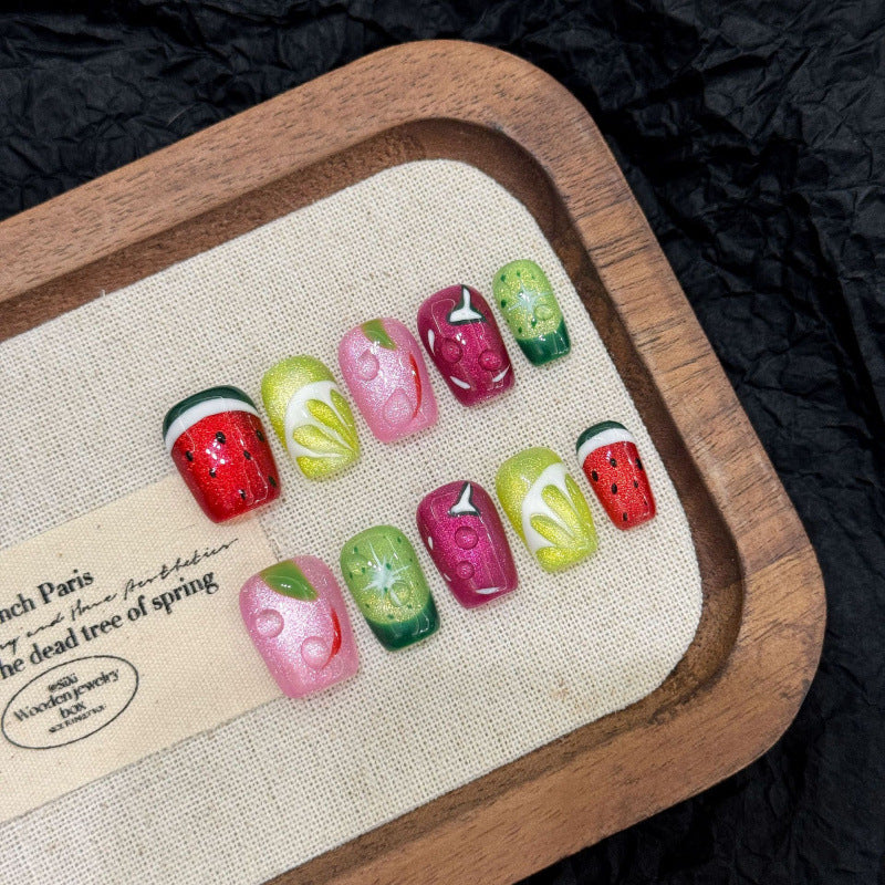 Nails 249-Fruit Party Painted Fruit Cat Eye Sculpted Nail Art