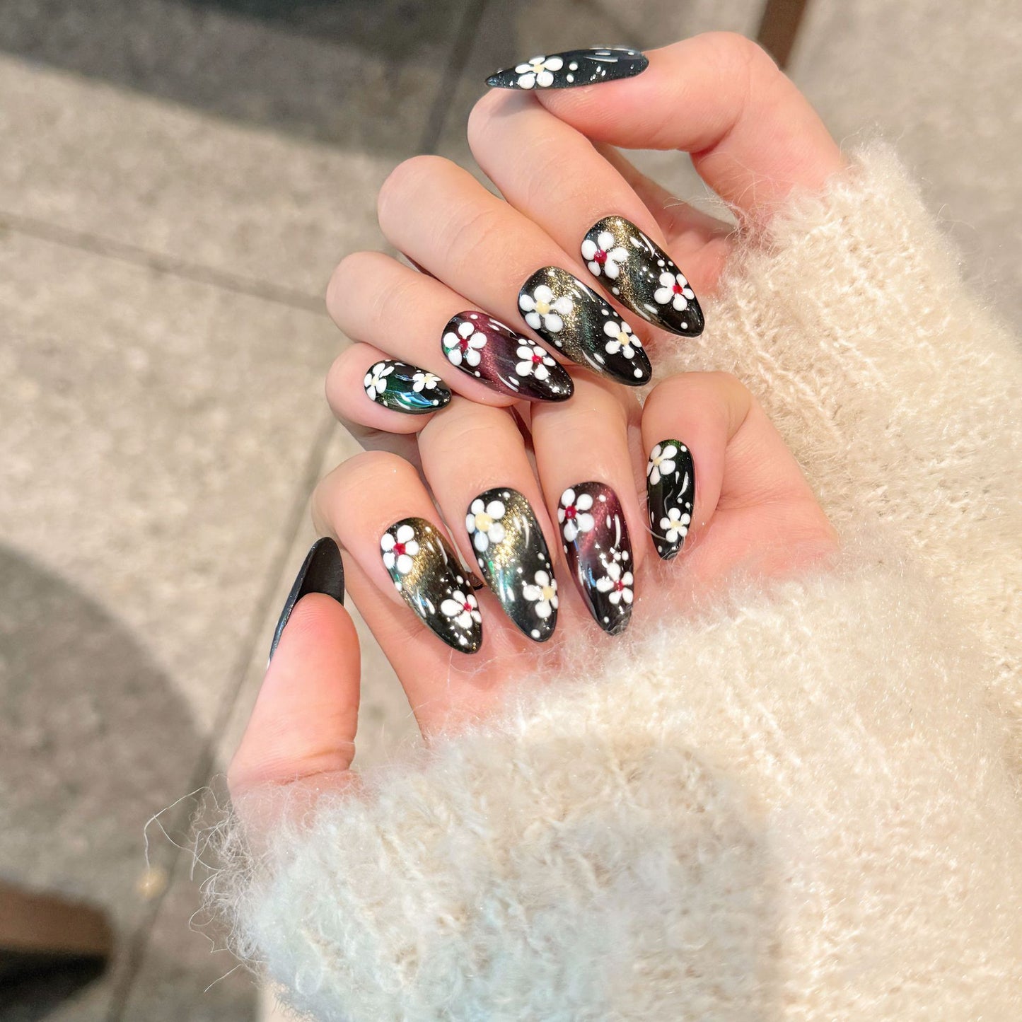 Nails 216-Shadow Flower Mystery Black Painted Flower Nail Art