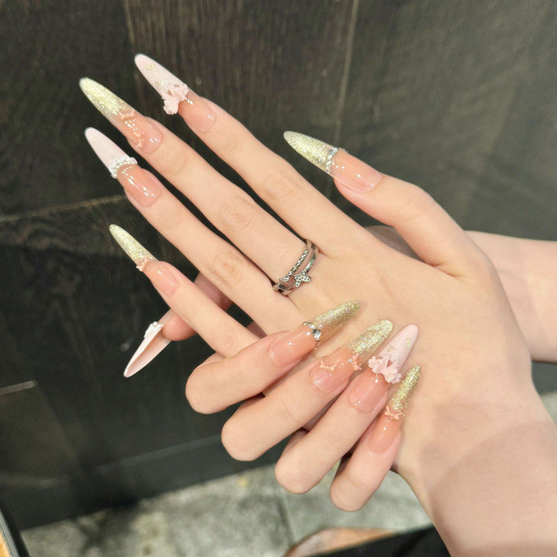 Nails 263-Romantic French Gold Burst Pearl Skirt Nail Art