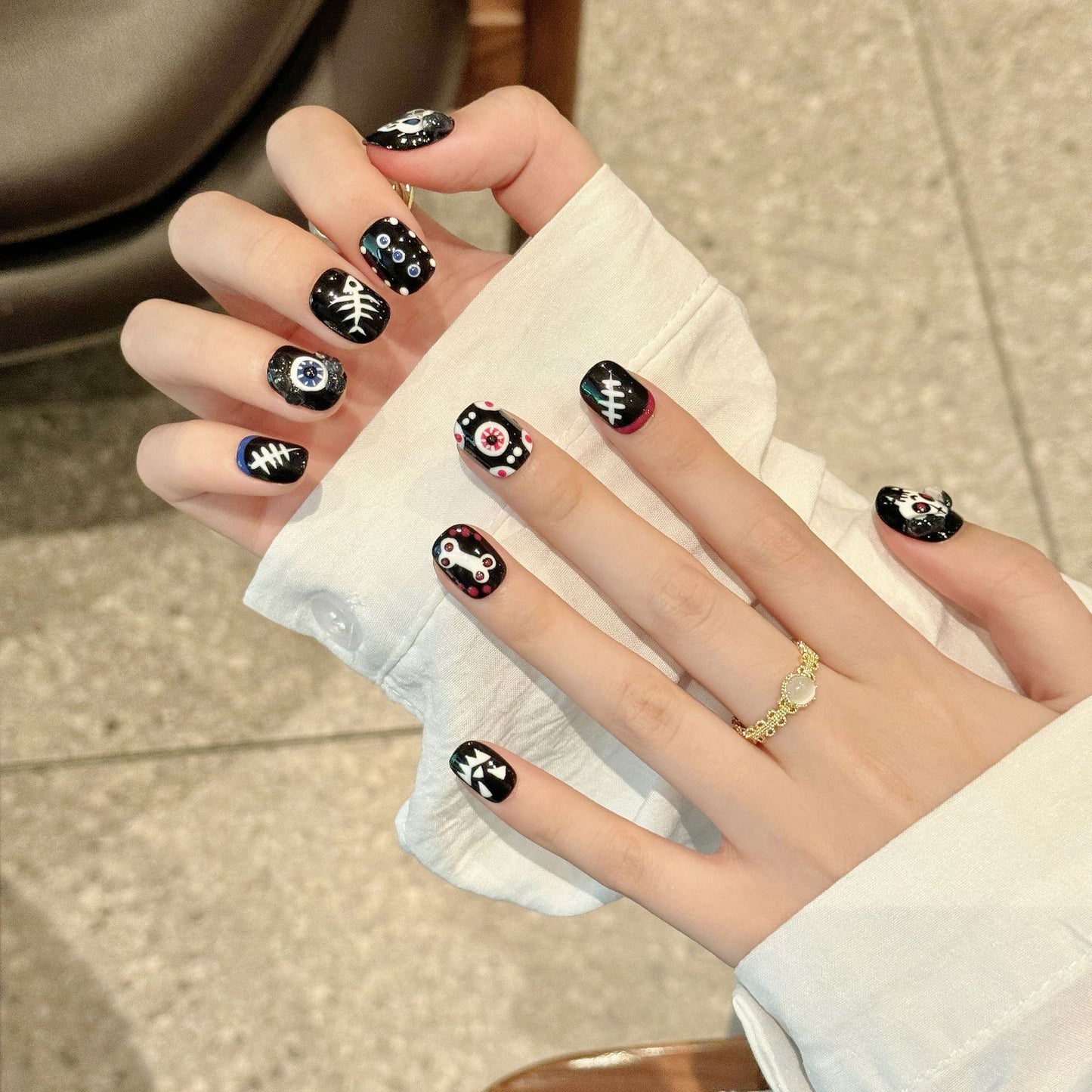 Nails 013-Halloween Pumpkin Skeleton Hand Painted Nail Art