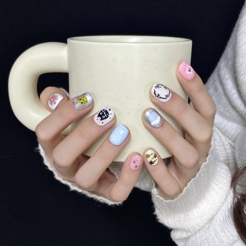 Nails 335-Cute Hand Painted Cat Nail Art