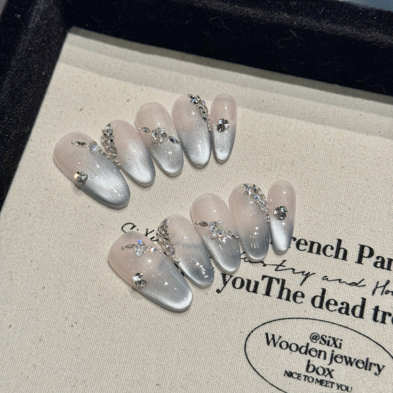 Nails 285-Grey and Blue Crushed Diamond French Cat Eye Manicure