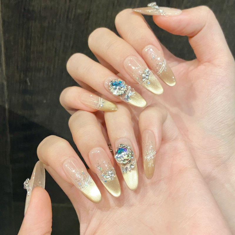 Nails 044-Cold Moon Ice Heart Nude Glass Bead Cat Eye Manicure