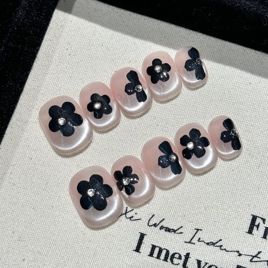 Nails 218-Rose Under the Moon French Crystals Hand Painted Black Flower Nail Art