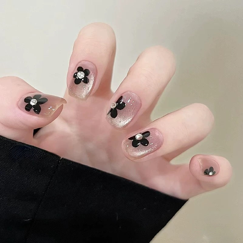 Nails 218-Rose Under the Moon French Crystals Hand Painted Black Flower Nail Art