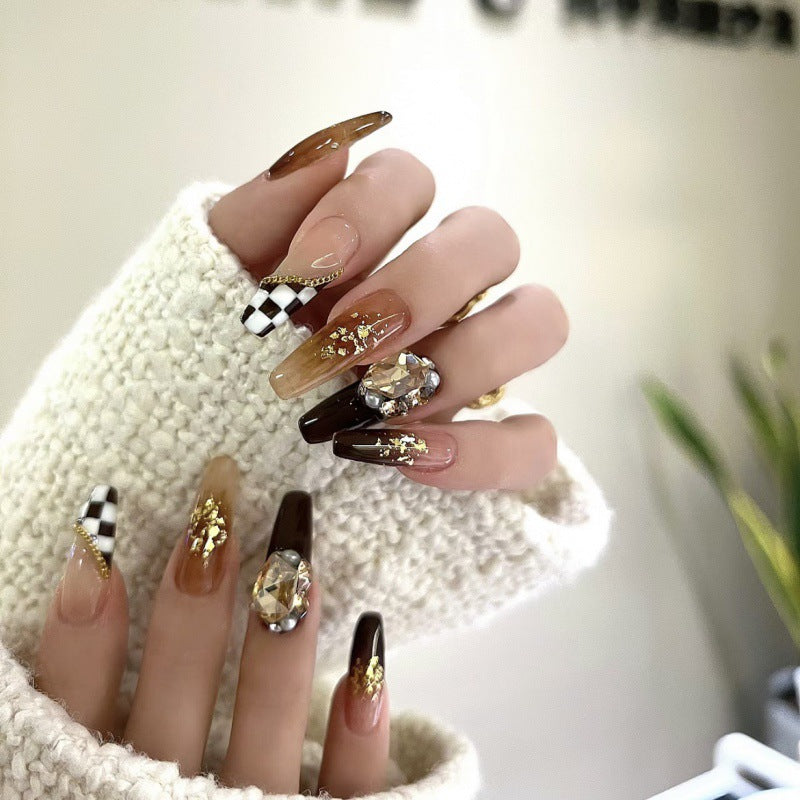 Nails 304-Amber Autumn Tea Chain Hand Painted Tessellated Pearl Nail Art