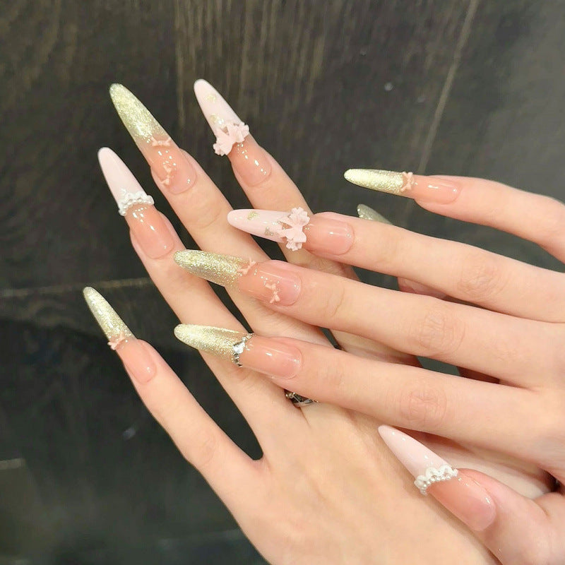 Nails 263-Romantic French Gold Burst Pearl Skirt Nail Art