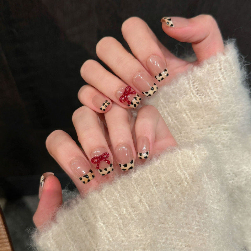 Nails 328-Wild Leopard Print Hand Painted Bow Nail Art