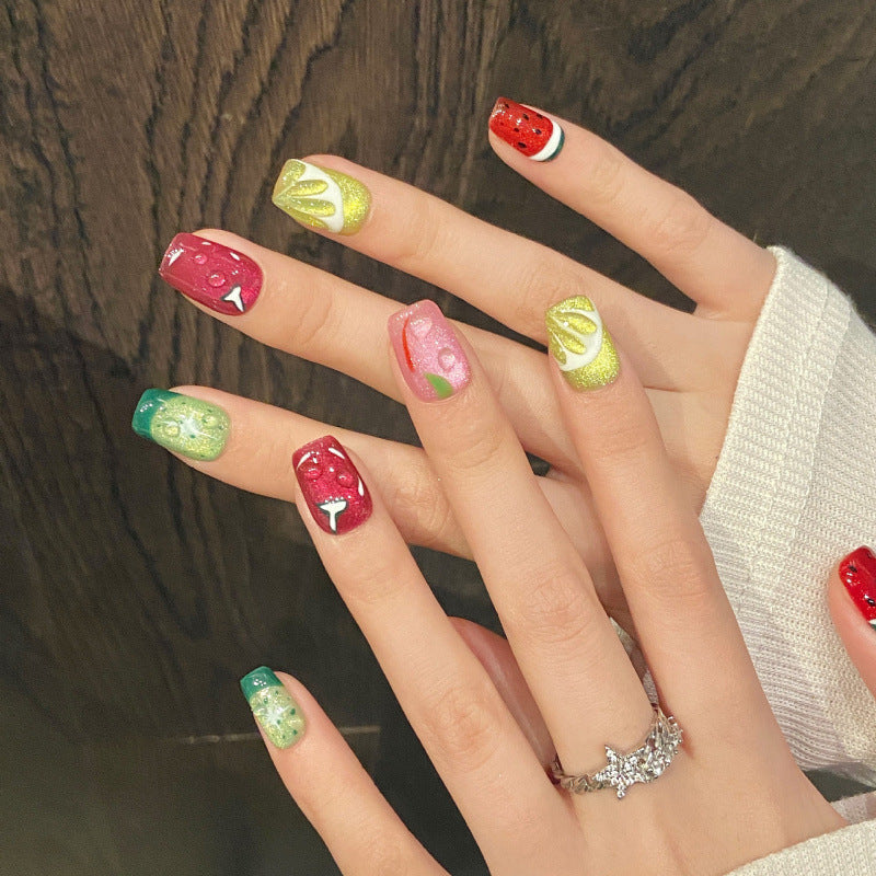 Nails 249-Fruit Party Painted Fruit Cat Eye Sculpted Nail Art