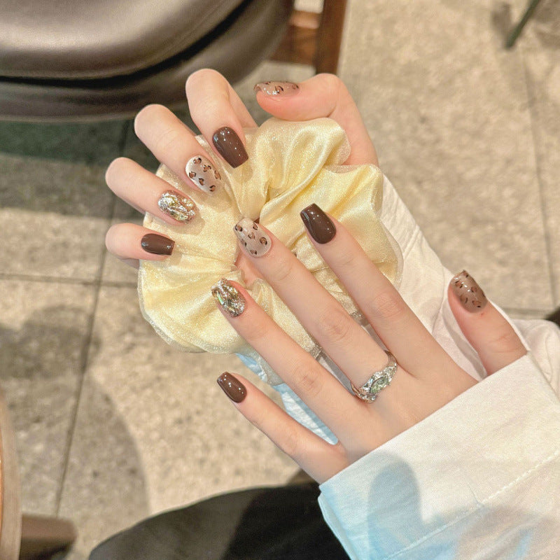 Nails 202-Mocha Chip Leopard Print Gold Brown Cat Eye Manicure