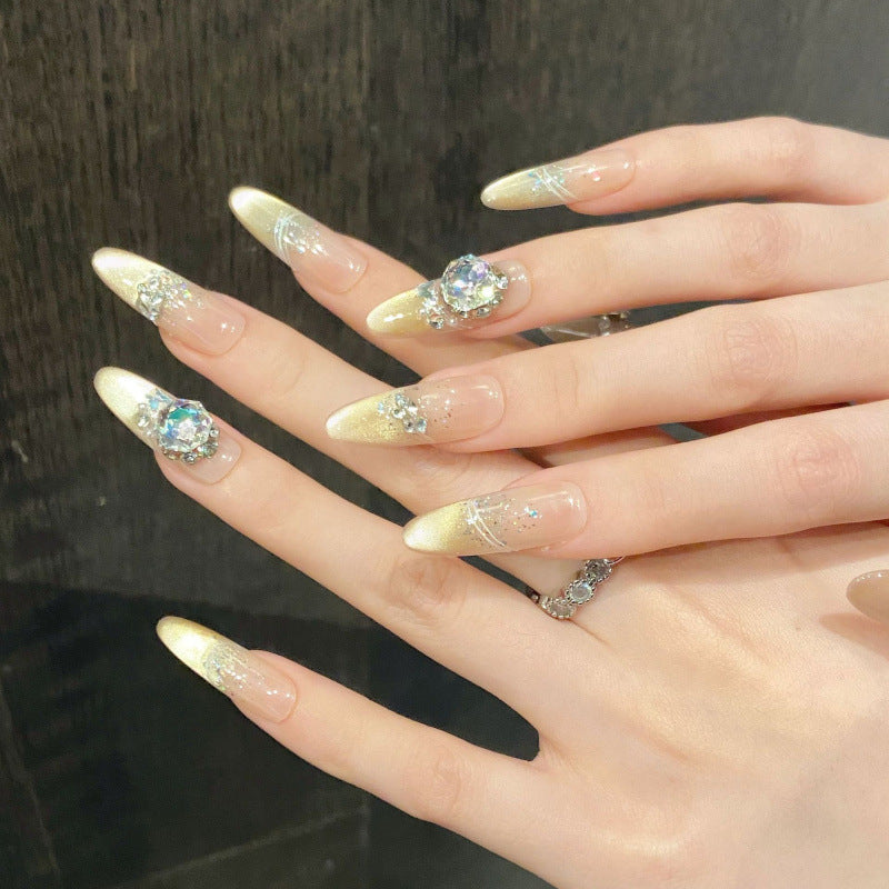 Nails 044-Cold Moon Ice Heart Nude Glass Bead Cat Eye Manicure