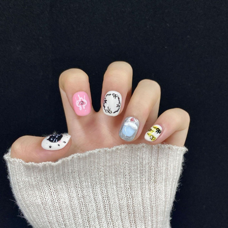 Nails 335-Cute Hand Painted Cat Nail Art