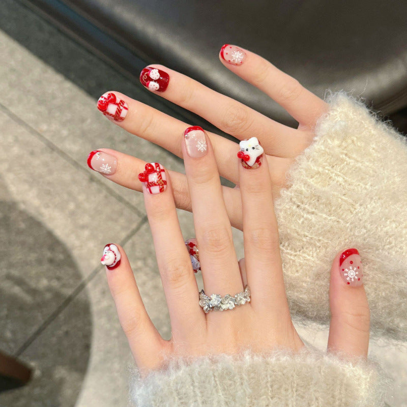 Nails 306-Christmas kitty cat red manicure
