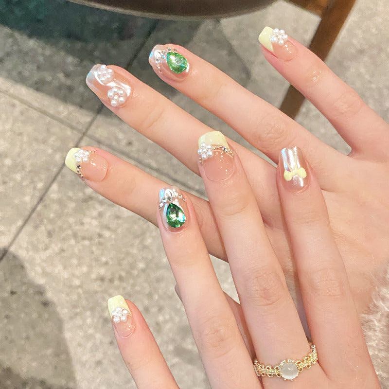 Nails 298-Pearl Hand Painted Bow Nail Art