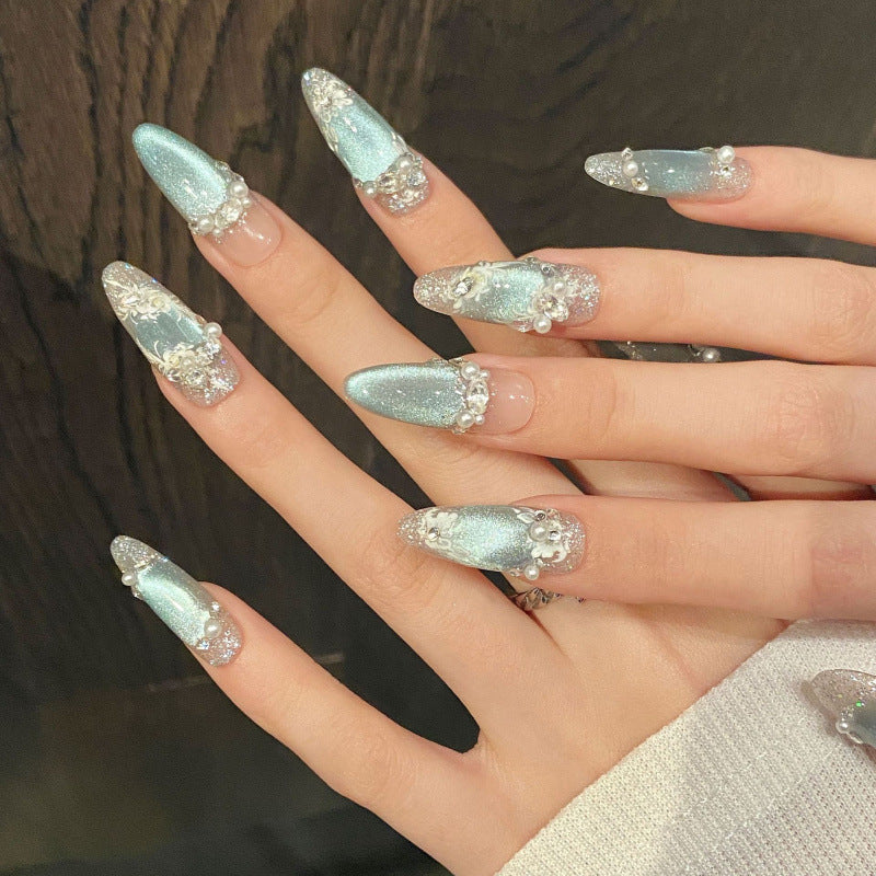 Nails 149-Skyland Blue Ice Translucent Cat Eye Nail Art