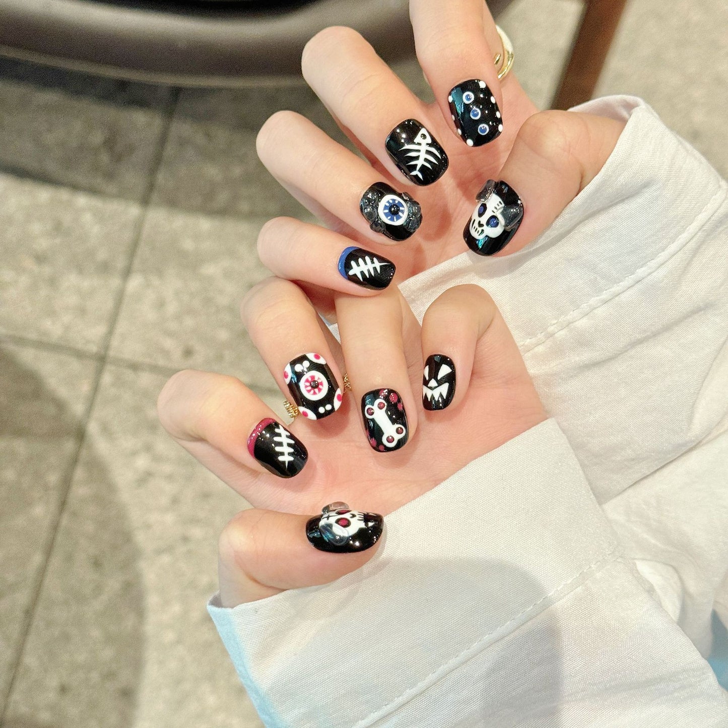 Nails 013-Halloween Pumpkin Skeleton Hand Painted Nail Art