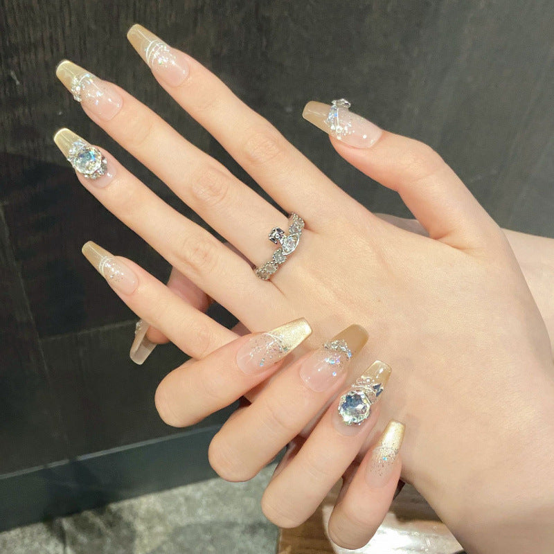 Nails 044-Cold Moon Ice Heart Nude Glass Bead Cat Eye Manicure