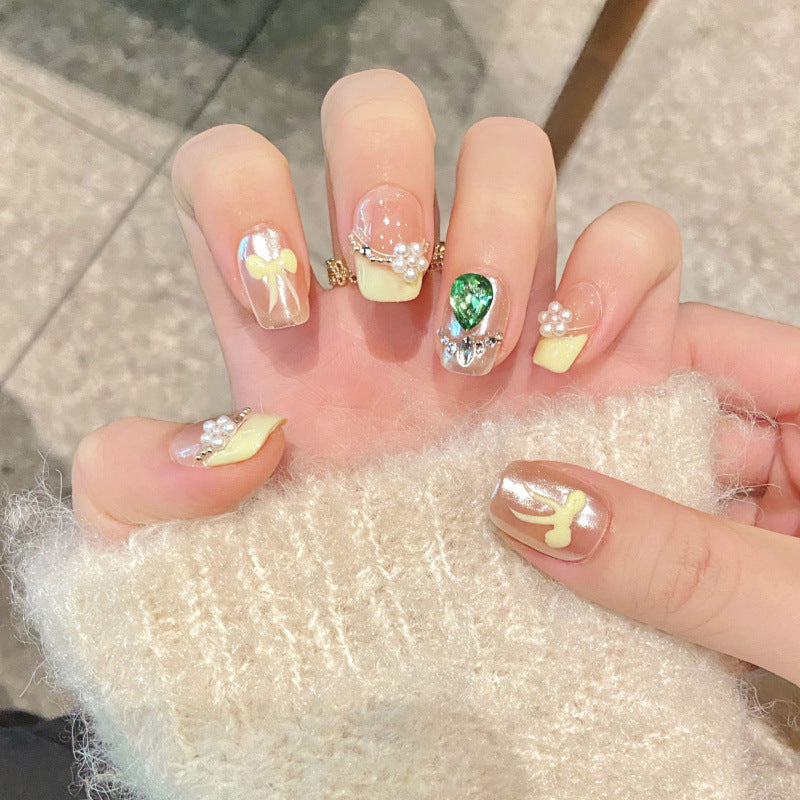 Nails 298-Pearl Hand Painted Bow Nail Art