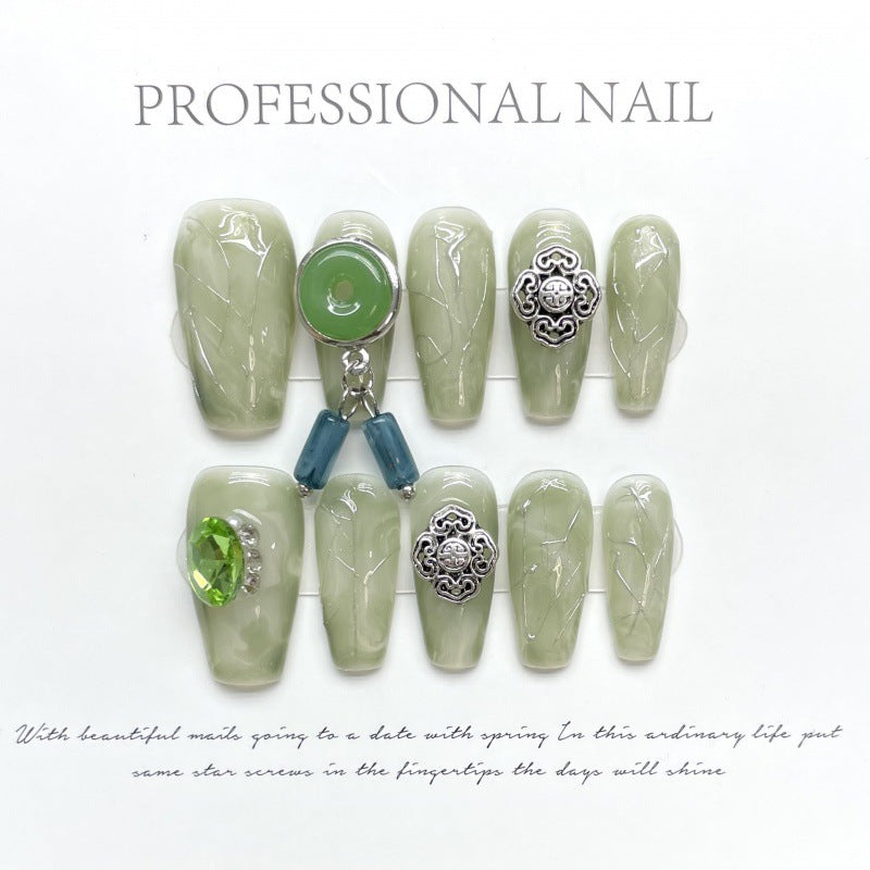 Nails 104-Molten Silver Jade Green Handmade Nail Art