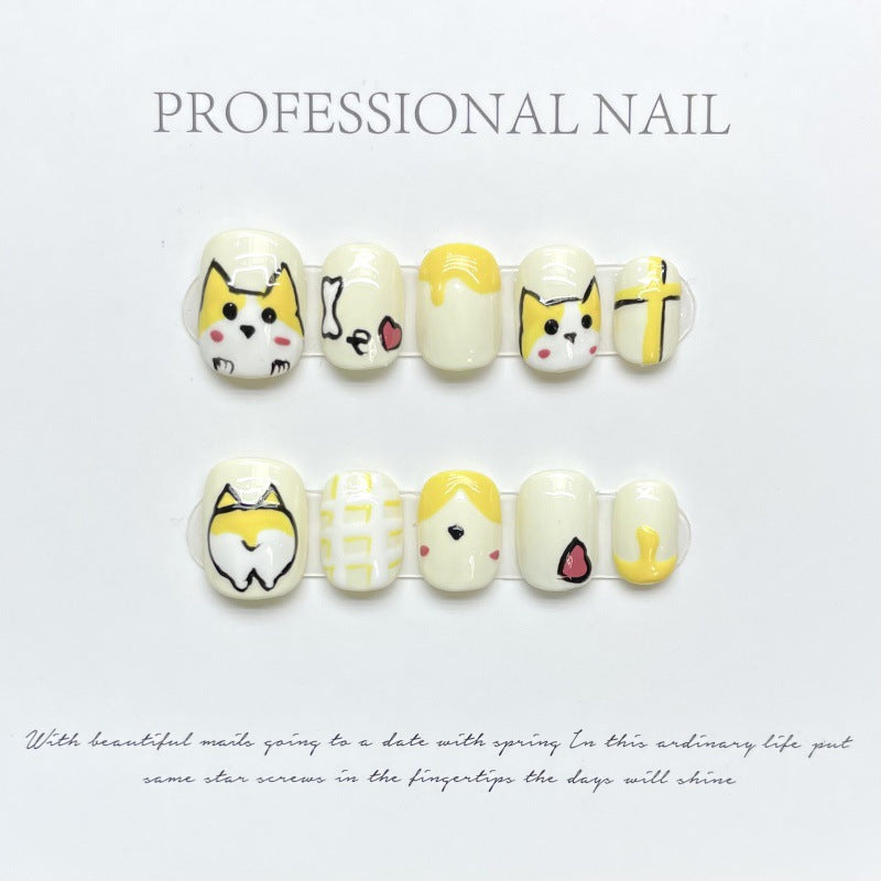 Nails 230-Corgi Cute Hand Painted Nail Art