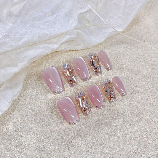 Nails 300-Pink Sequin Pearlized Cat Eye Nail Art