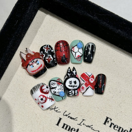 Nails 128-Gothic Bunny Cute Bow Dark Hand Painted Nail Art