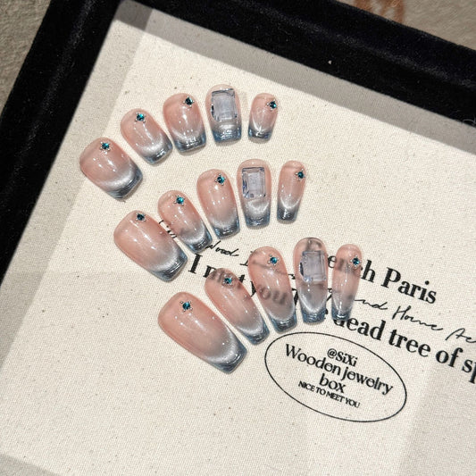 Nails 272-Sea Salt Mint French Smile Cat Eye Manicure