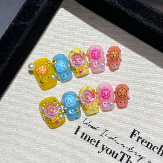 Nails 019-Dopamine Colourful Turtle Manicure