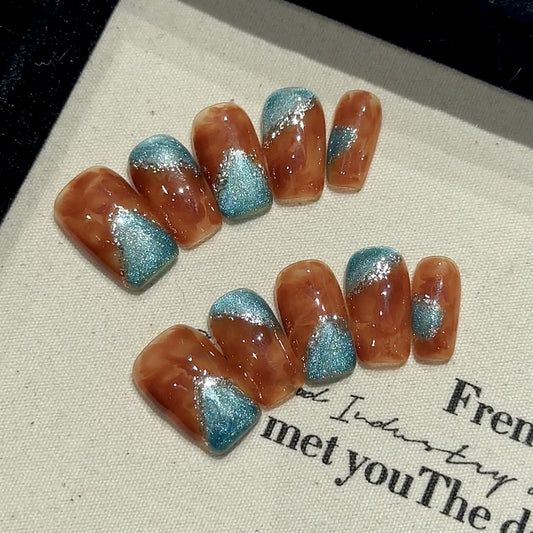 Nails 205-Amber Halo Clash Aquamarine Cat Eye Nail Art