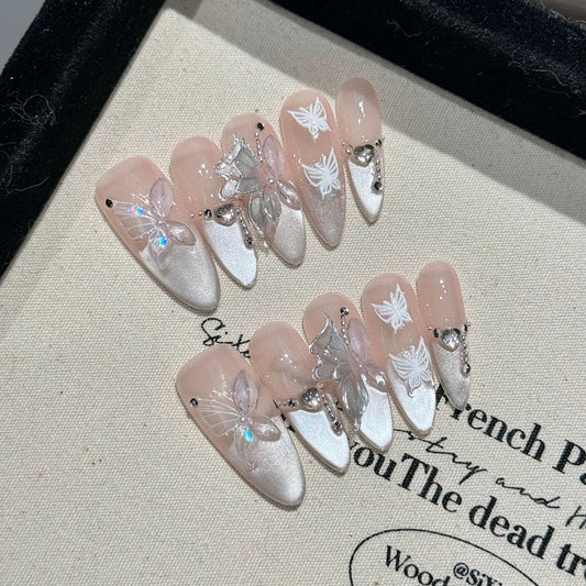 Nails 035-Ice Crystal Moonlight Butterfly Pearl Nail Art