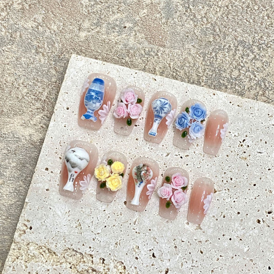 Nails 295-Rose Manor Heavy Duty Rose Handmade Nail Art