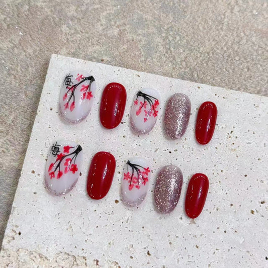 Nails 010-One Cut Plum Hand Painted Plum Blossom Nail Art