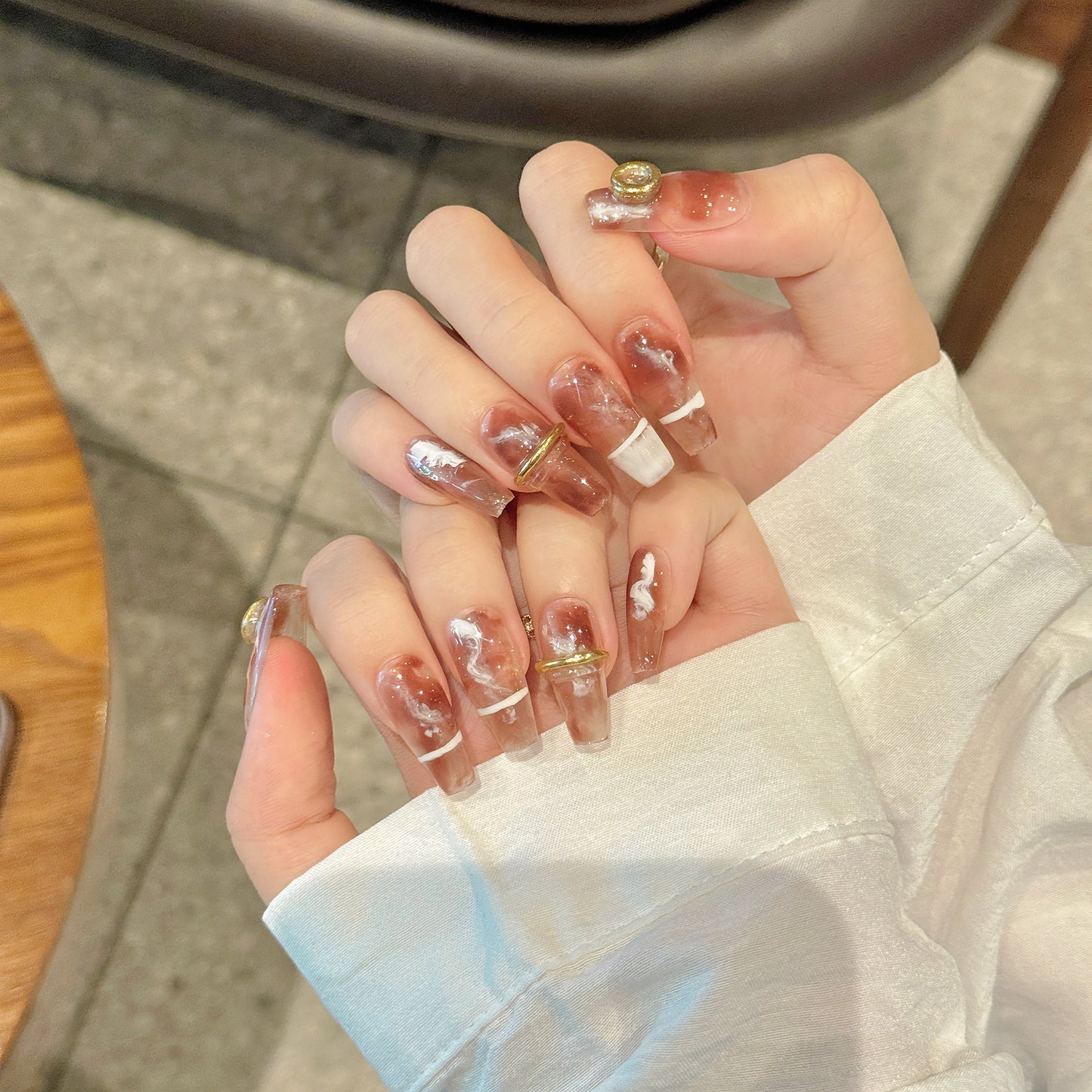 Nails 126-Coffee and Milk Halo Nail Art
