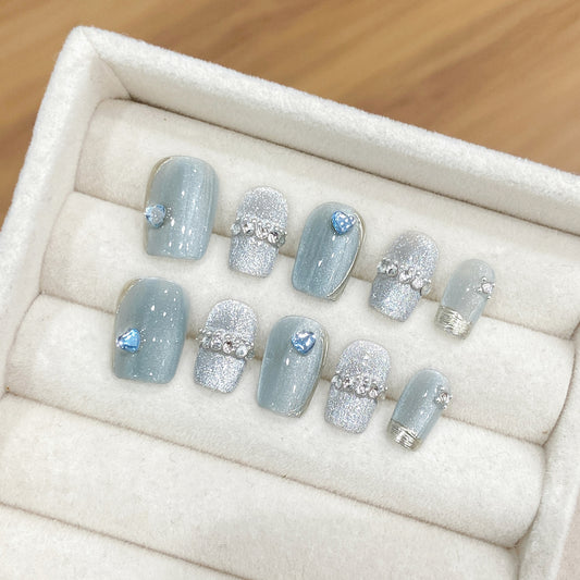Nails 034-Glacier Secret Mirror Blue Glass Bead Cat Eye Manicure