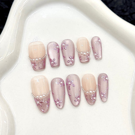 Nails 211-Spring Flower Cat Eye White Nail Art