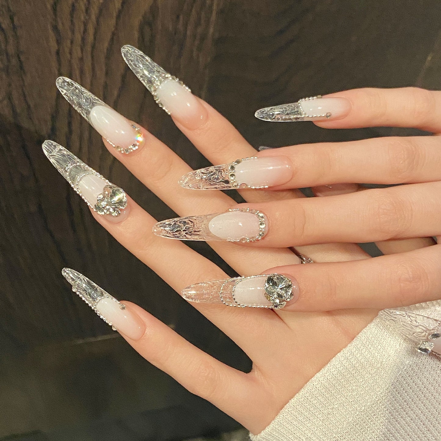 Nails 040-Ice Translucent Burst Glitter Shattered Diamonds Gradient Nail Art