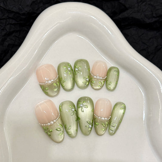 Nails 209-Green Hand Painted Flower Cat Eye Nail Art