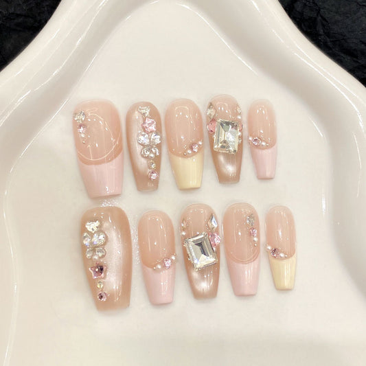 Nails 180-Slightly Sweet Girl French Cat Eye Pink Sticky Crushed Diamonds Nail Art