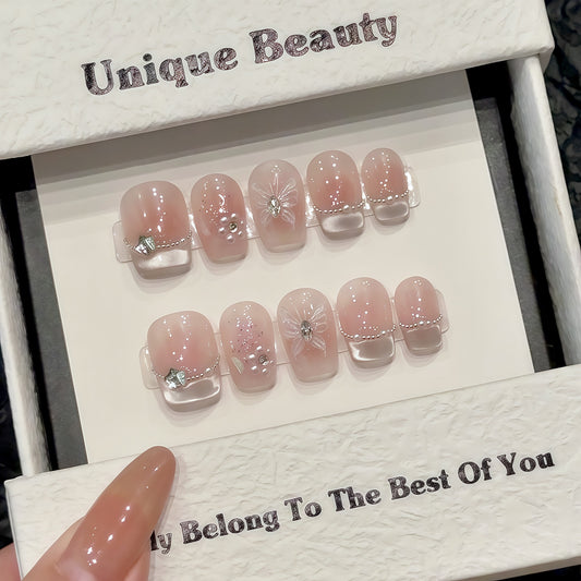 Nails 215-French Crystal Cat Eye Hand Painted Chain Butterfly Nail Art