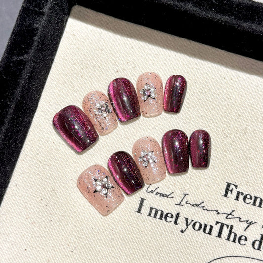 Nails 214-Crystal Starry Night Cat Eye Nail Art