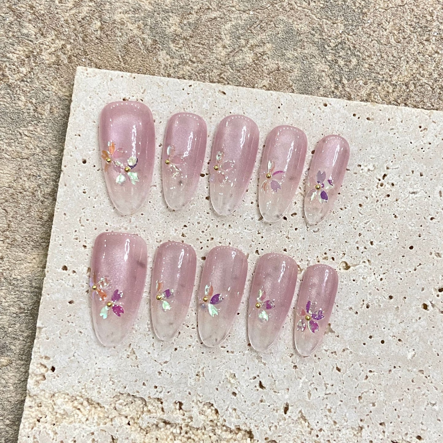 Nails 224-Aurora Cherry Blossom Cat Eye Ice Clear Nail Art
