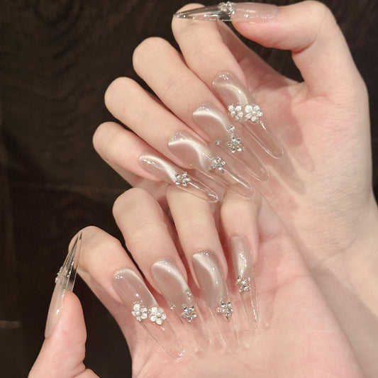 Nails 302-Glazed Ice Flower French Glass Bead Manicure