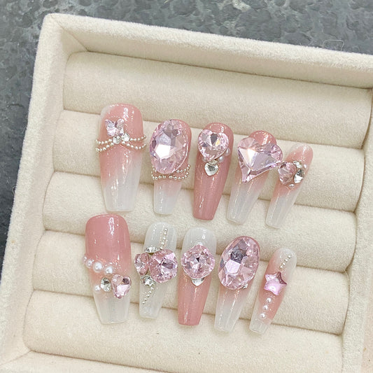 Nails 166-Love Pink Diamond Gradient Blush Nail Art