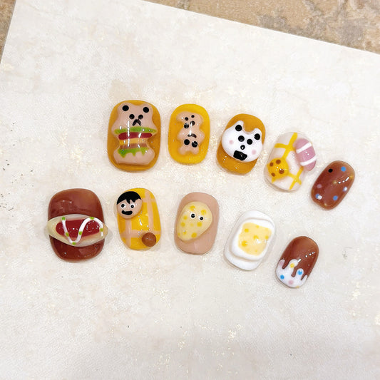 Nails 002-Cute Bear Short Square Round Nail Art