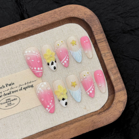 Nails 265-Island Vacation Sculpted Ice Translucent Handmade Flower Manicure