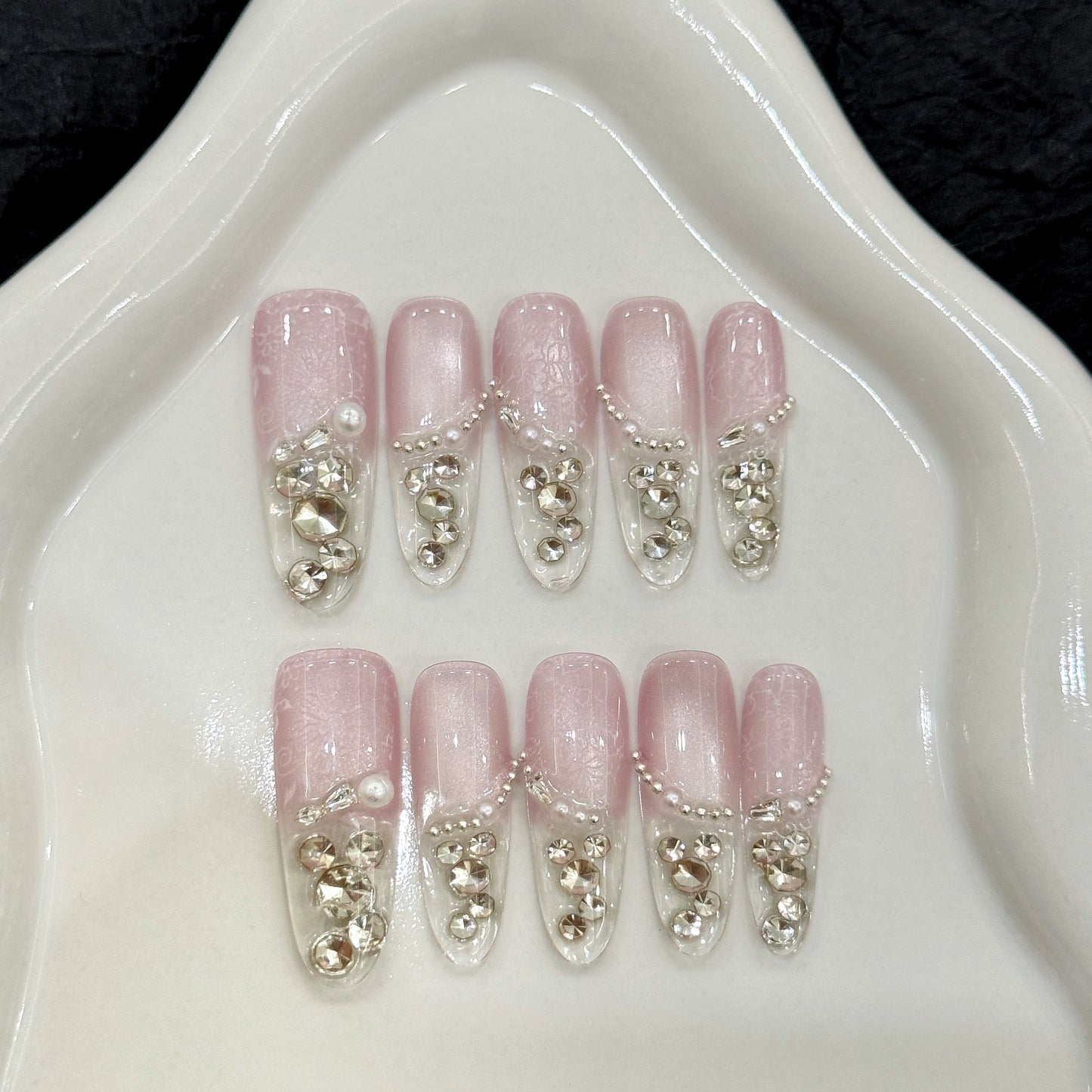 Nails 284-Full Diamond Star River Clear Nude Pink Cat Eye Nail Art