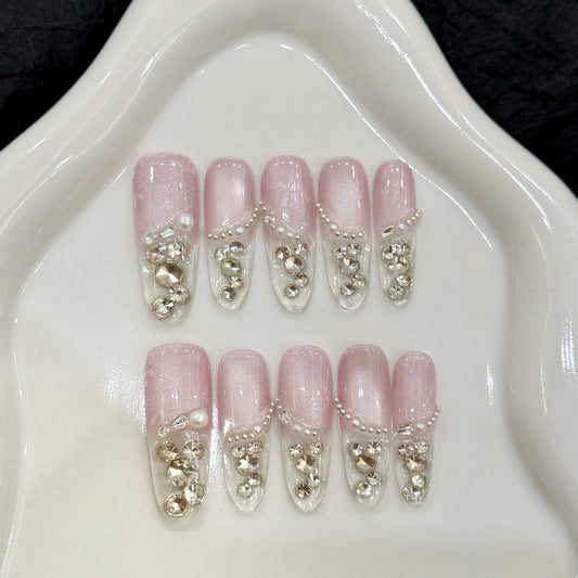 Nails 284-Full Diamond Star River Clear Nude Pink Cat Eye Nail Art