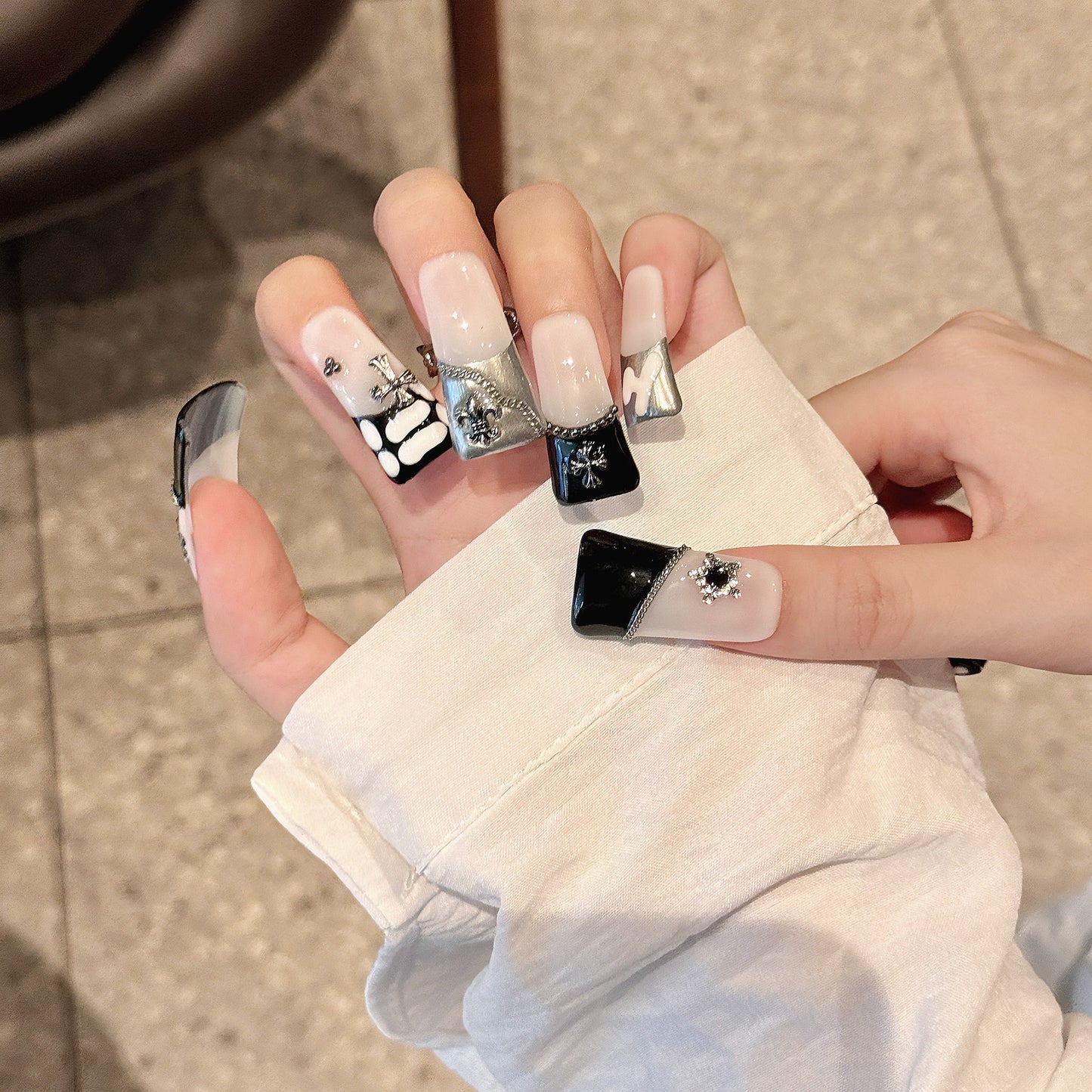 Nails 048-Moon Starburst Hand Painted Halo Gothic Dark Black Nail Art